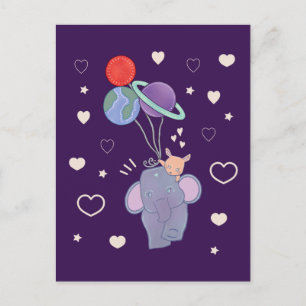 Elephant and Bunny Space Balloon Ride   Whimsical  Postcard