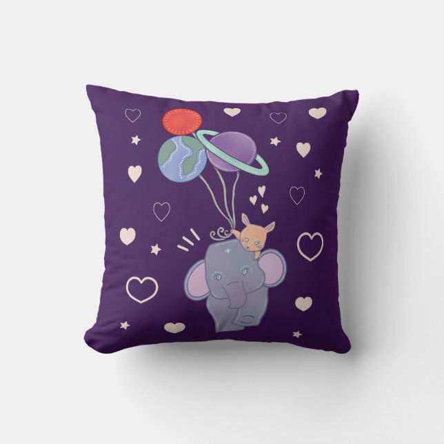 Elephant and Bunny Space Balloon Ride | Whimsical  Throw Pillow (Front)