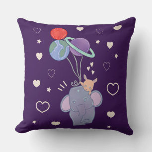 Elephant and Bunny Space Balloon Ride Whimsical Throw Pillow
