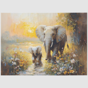 Elephant and Calf Flowers and Sunset Decoupage Tissue Paper