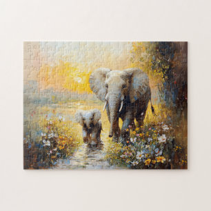 Elephant and Calf Flowers and Sunset Painting Jigsaw Puzzle