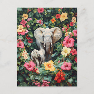 Elephant and Calf Hibiscus Flowers Postcard