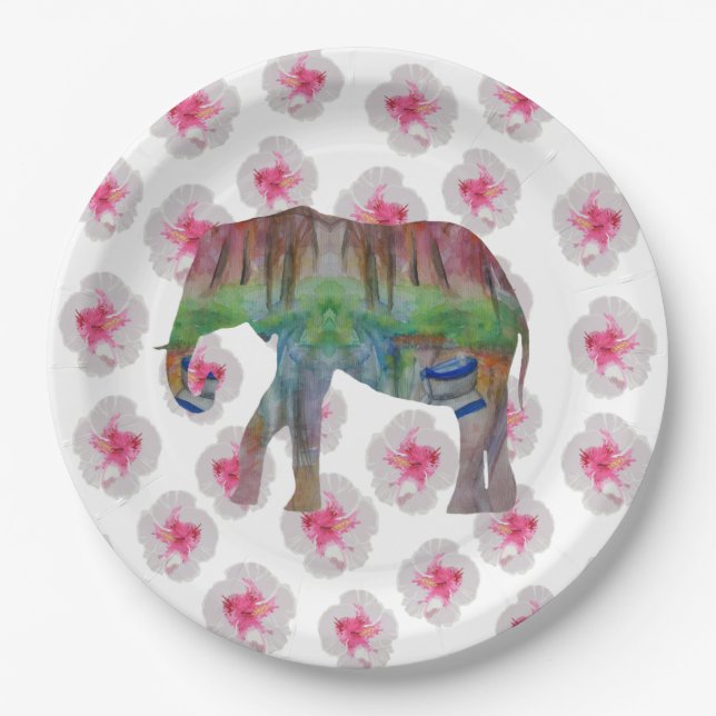 Elephant and flowers paper plate (Front)
