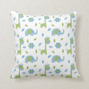 Elephant and Giraffe Blue-Green Throw Pillow