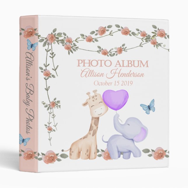 Elephant And Giraffe Girl Baby Photo Album Binder (Front/Spine)