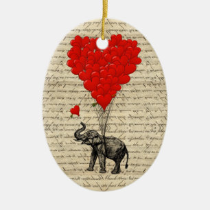 Elephant and heart shaped balloons ceramic ornament