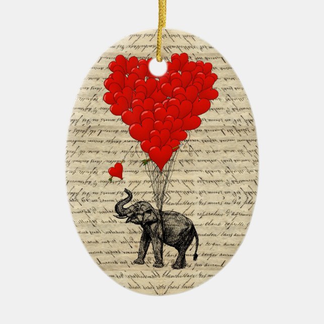 Elephant and heart shaped balloons ceramic ornament (Front)