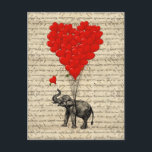 Elephant and heart shaped balloons postcard<br><div class="desc">Easily personalize this cute funny vintage elephant being held up and floating with romantic red heart shaped balloons with your name text or monogram to make a unique gift for your lover,  sweetheart,  girlfriend wife or valentine this Valentine's day. Visit the VINTAGEPRINTSTORE for matching products</div>