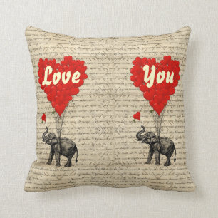 Elephant and heart shaped balloons throw pillow