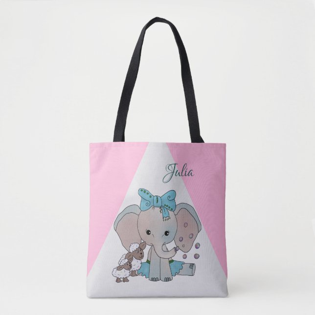Elephant and lambs personalize baby blanket tote bag (Front)