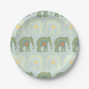 Elephant and Mandala Pattern in Light Green Paper Plate