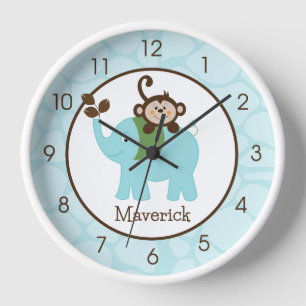 Elephant and Monkey Jungle Kids Nursery Wall  Clock