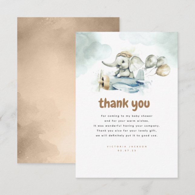 Elephant and Plane Vintage Cute Thank You Card (Front/Back)