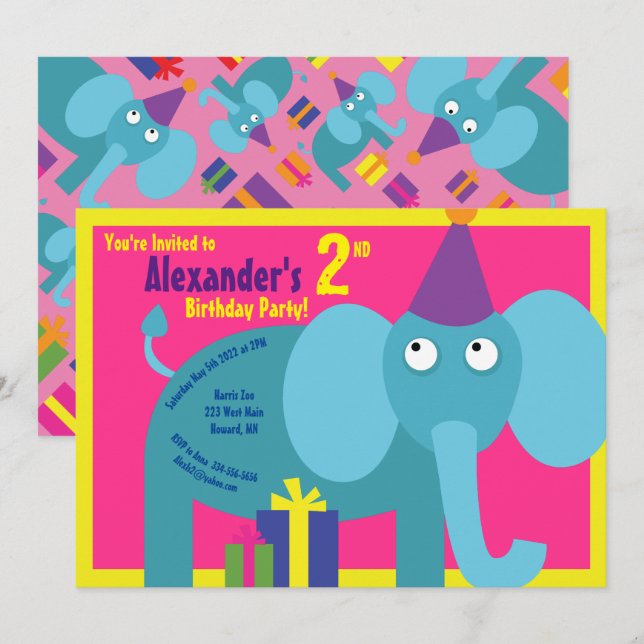 Elephant Animal Kid's Birthday Party Invitations (Front/Back)