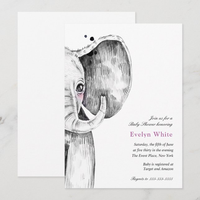 Eléphant aquarelle | invitation Baby shower (Devant / Derrière)