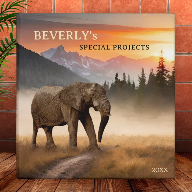 Elephant Art Animal Lover Binder (Binder featuring a painting of an elephant in a mountain scene at sunset)