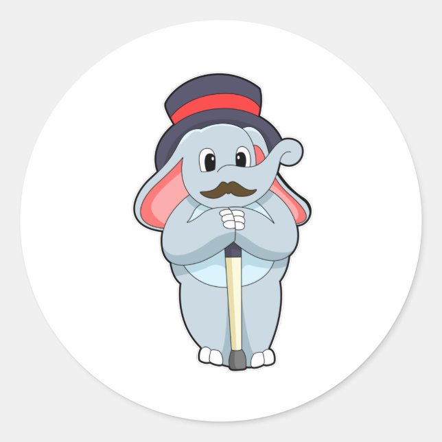 Elephant as Gentleman with Hat & Walking stick Classic Round Sticker (Front)