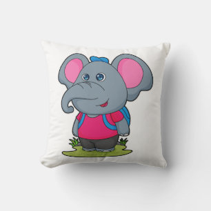 Elephant as Hiker with Backpack Throw Pillow