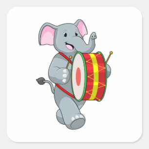 Elephant as Musician with Drum Square Sticker