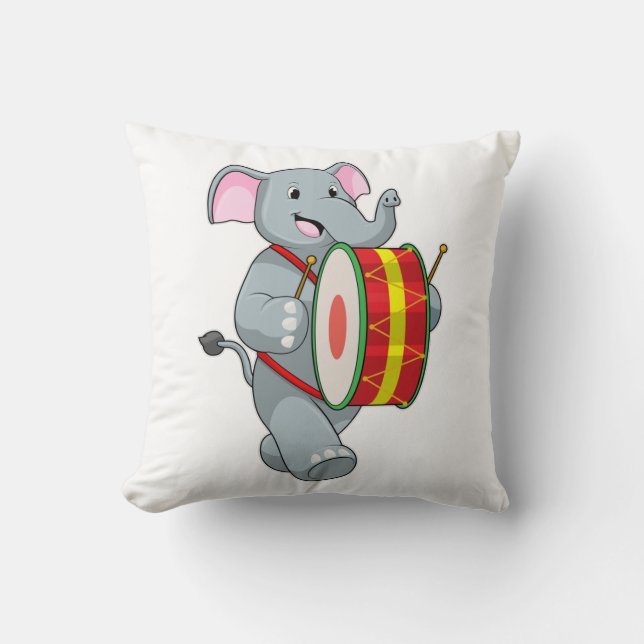 Elephant as Musician with Drum Throw Pillow (Front)