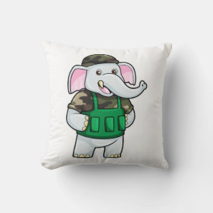 Elephant as Soldier with Uniform & Helmet Throw Pillow
