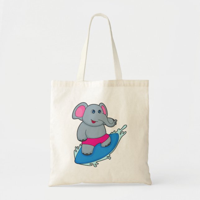 Elephant as Surfer with Surfboard Tote Bag (Front)