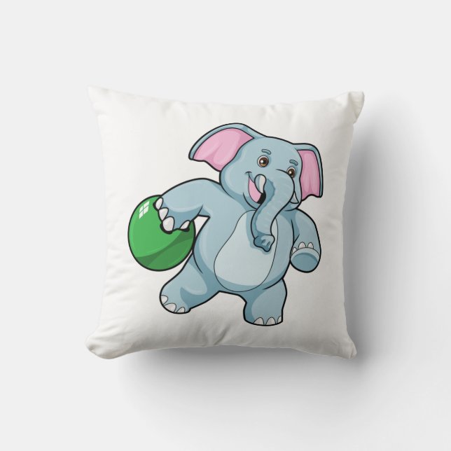 Elephant at Bowling with Bowling ball Throw Pillow (Front)