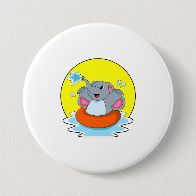 Elephant at Swimming with Lifebuoy 3 Inch Round Button (Front)