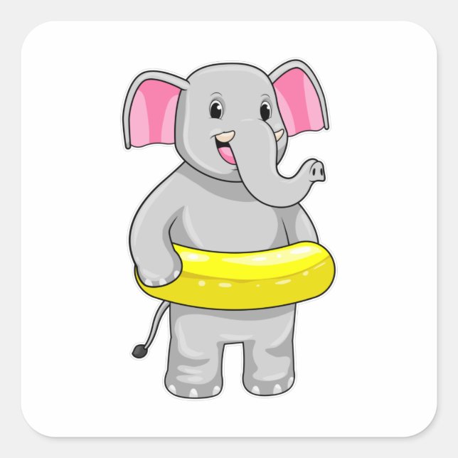 Elephant at Swimming with Lifebuoy Square Sticker (Front)