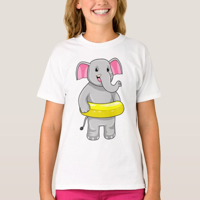 Elephant at Swimming with Lifebuoy T-Shirt (Front)