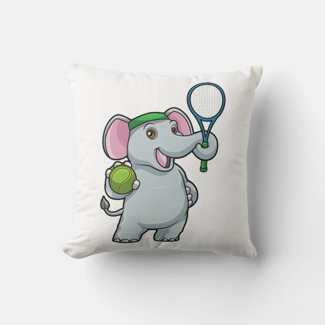 Elephant at Tennis with Tennis racket Throw Pillow (Front)