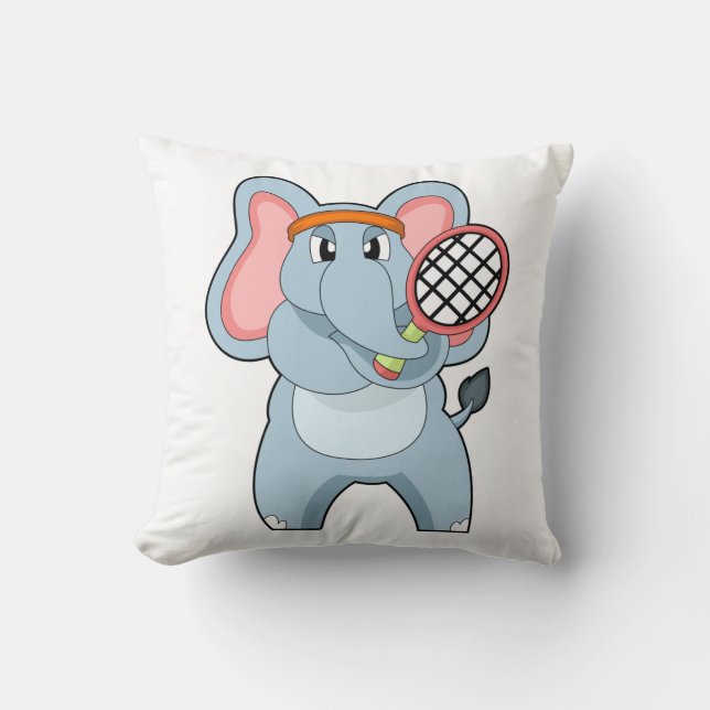 Elephant at Tennis with Tennis racket Throw Pillow (Front)