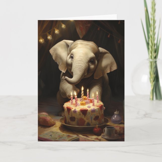 Elephant avec un gâteau d'anniversaire - Carte (Devant)