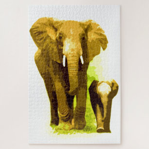 Elephant & Baby - Animals Art Jigsaw Puzzle