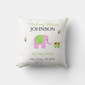 Elephant Baby Birth Announcement Throw Pillow