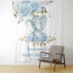 Elephant Baby Blue Floral Baby Shower Backdrop Tapestry