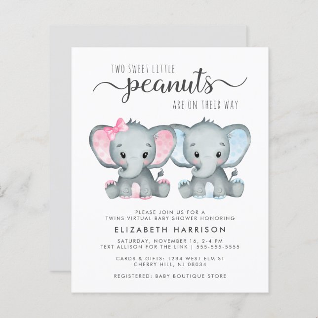 Elephant Baby Boy Girl Twins Virtual Shower Invite (Front/Back)