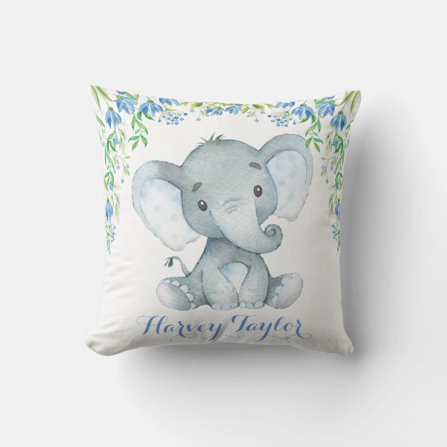 Elephant Baby Boy Nursery Pastel Blue Flowers Throw Pillow (Front)