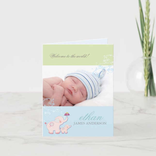 Elephant Baby Boy Photo Birth Announcement (Front)