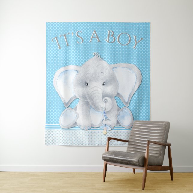 Elephant Baby Boy Shower Backdrop Tapestry (In Situ)