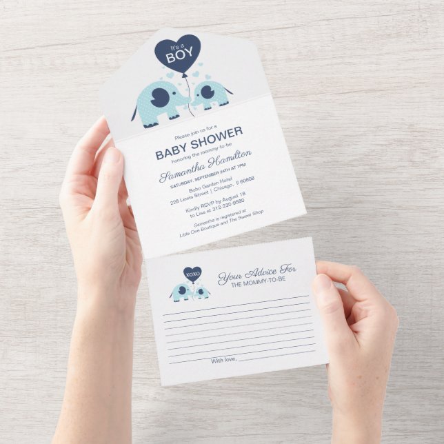 Elephant Baby Boy Shower Invitation & Advice Card (Tearaway)