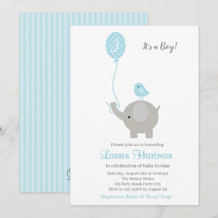 Elephant Baby Boy Shower Invitations with Balloon