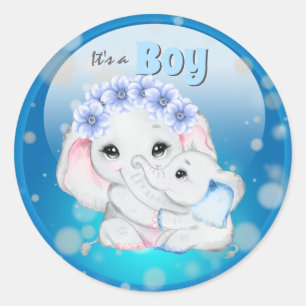 Elephant baby boy with mother it's a boy classic round sticker