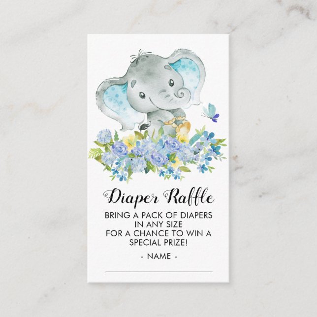 Elephant Baby Boys Shower Diaper Raffle Ticket Enclosure Card (Front)