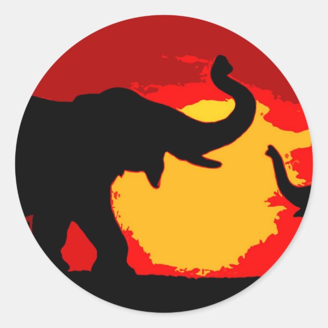 Elephant, Baby Elephant & Sunset Classic Round Sticker (Front)