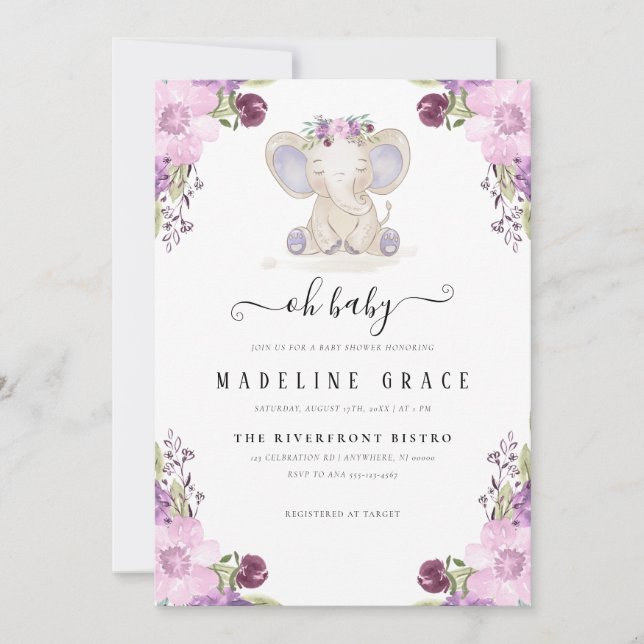 Elephant Baby Girl Baby Shower Invitation (Front)
