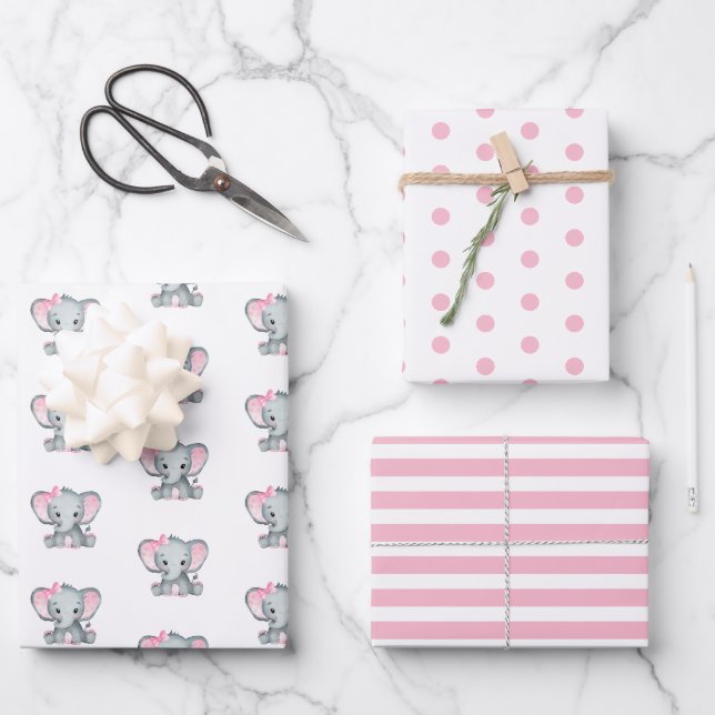 Elephant Baby Girl Baby Shower  Wrapping Paper Sheet (Front)