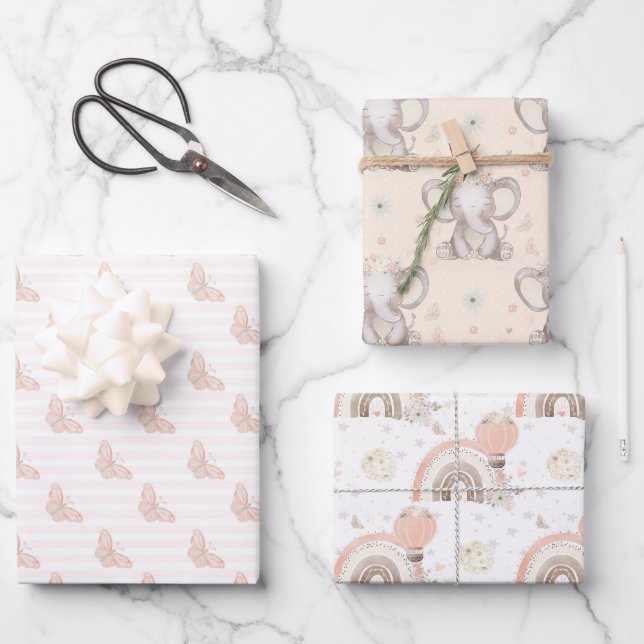 Elephant Baby Girl Baby Shower Wrapping Sheets (Front)