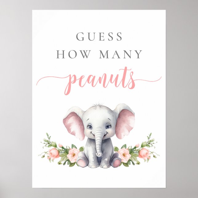 Elephant Baby Girl Shower Guess How Many Peanuts Poster (Front)