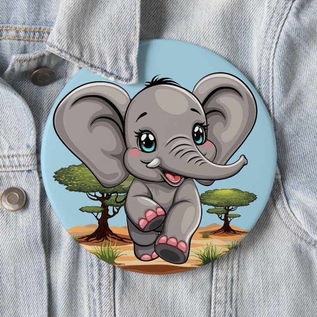 Elephant Baby Jumping Happy in African Savannah 6 Inch Round Button (In Situ)